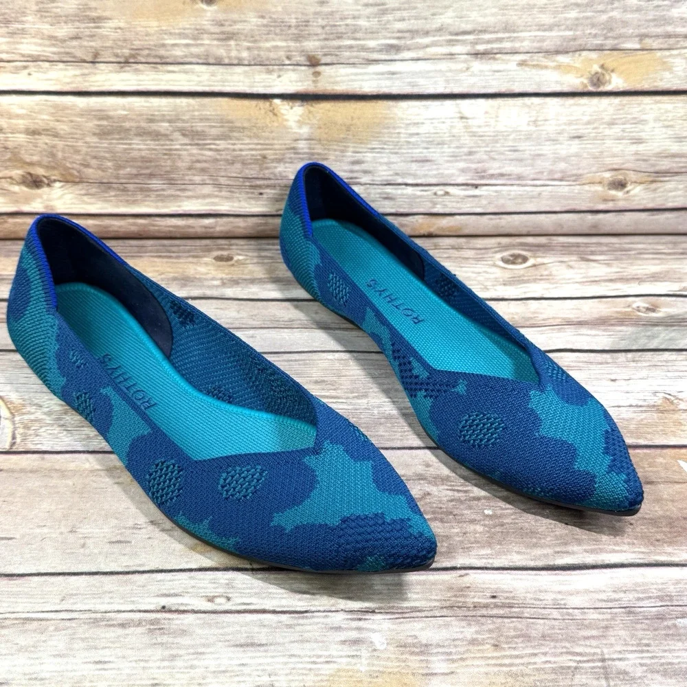 Rothy's Womens Turquoise & Blue Pointed Toe Camoflauge Slip On Flat Shoes 9.5